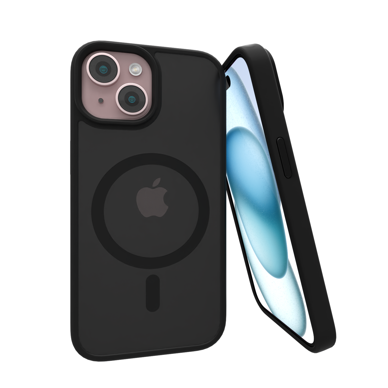 The Āsenaru Matte Hybrid MagSafe Case, featuring matte black TPU bumpers and a translucent gray back, designed for durability and full device protection, compatible with MagSafe accessories.