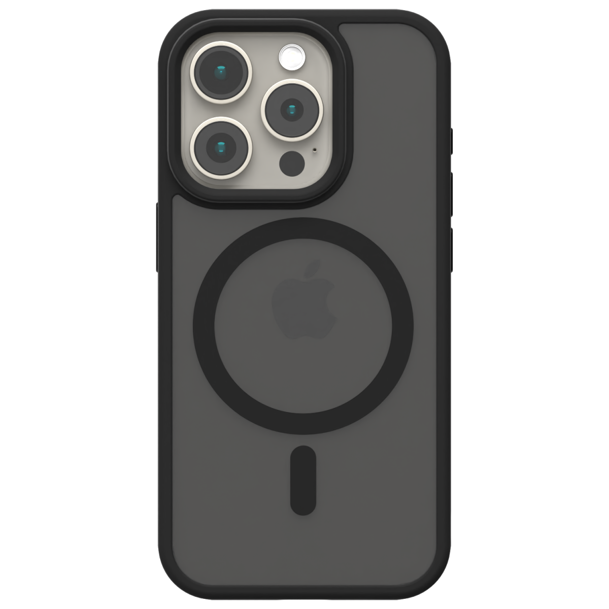 Photo of the Āsenaru Matte Hybrid MagSafe Case, featuring matte black TPU bumpers and a translucent gray back, designed for durability and full device protection, compatible with MagSafe accessories.