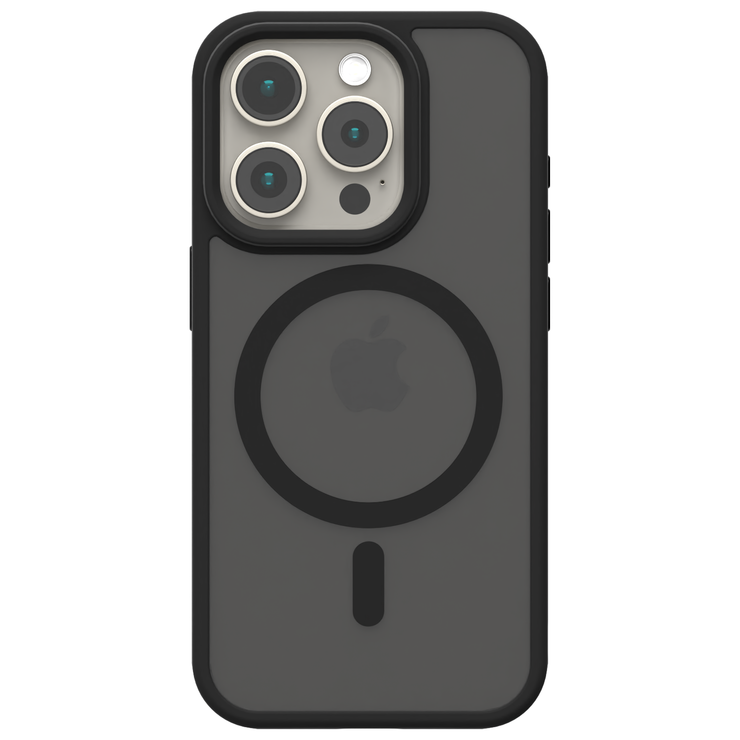 Foto Āsenaru Matte Hybrid MagSafe Case, menampilkan bumper TPU hitam matte dan bagian belakang abu-abu tembus pandang, dirancang untuk daya tahan dan perlindungan perangkat penuh, kompatibel dengan aksesori MagSafe.