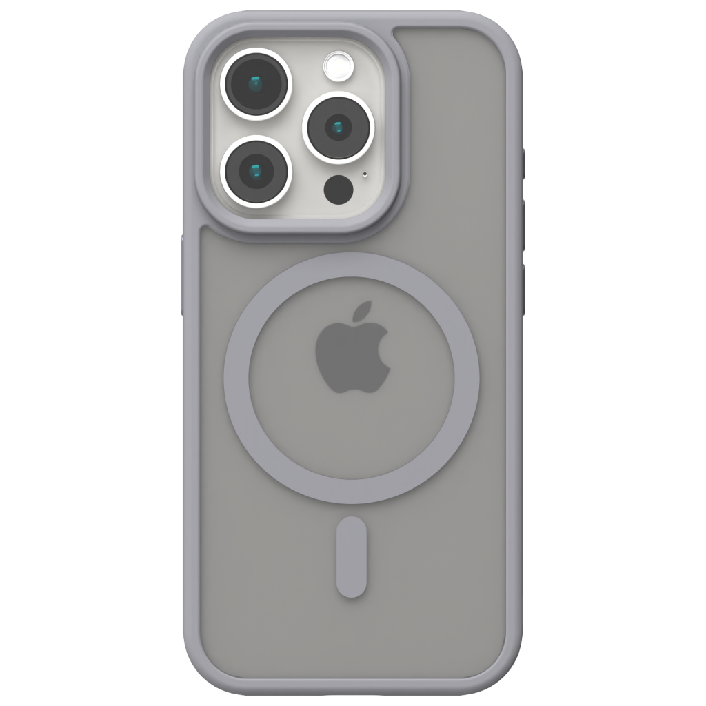 The Āsenaru Matte Hybrid MagSafe Case, featuring matte black TPU bumpers and a translucent gray back, designed for durability and full device protection, compatible with MagSafe accessories.
