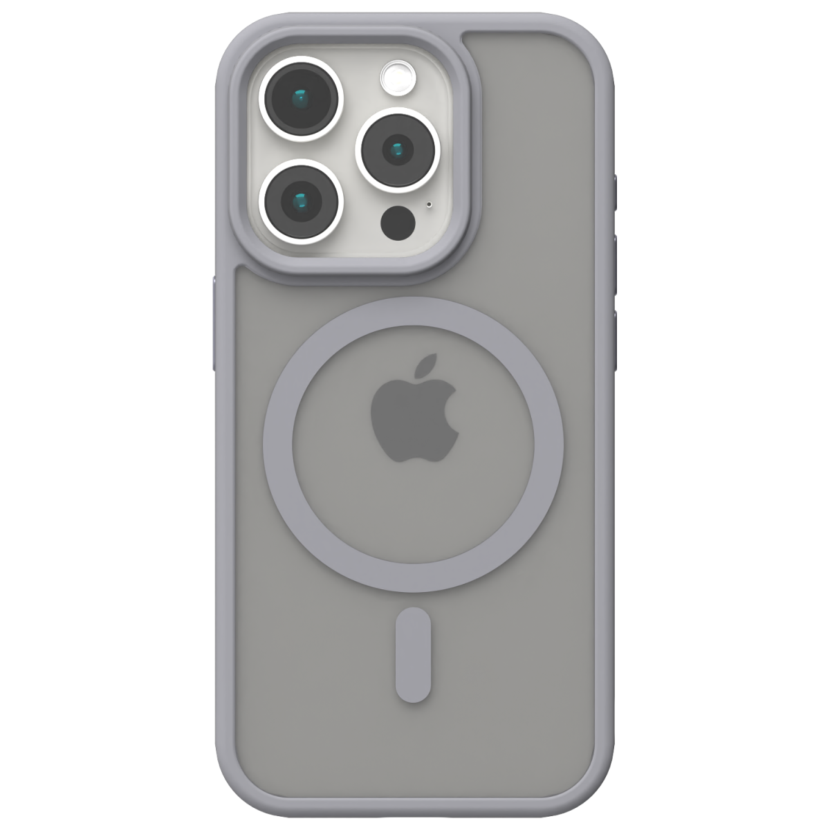 Casing MagSafe Hybrid Matte Āsenaru, dilengkapi bumper TPU hitam matte dan bagian belakang abu-abu tembus pandang, dirancang untuk daya tahan dan perlindungan perangkat sepenuhnya, kompatibel dengan aksesori MagSafe.