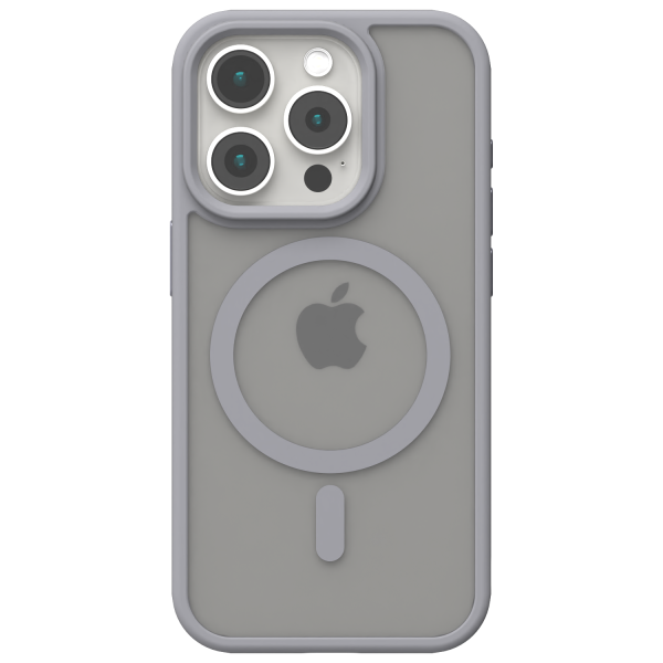 Casing MagSafe Hybrid Matte Āsenaru, dilengkapi bumper TPU hitam matte dan bagian belakang abu-abu tembus pandang, dirancang untuk daya tahan dan perlindungan perangkat sepenuhnya, kompatibel dengan aksesori MagSafe.