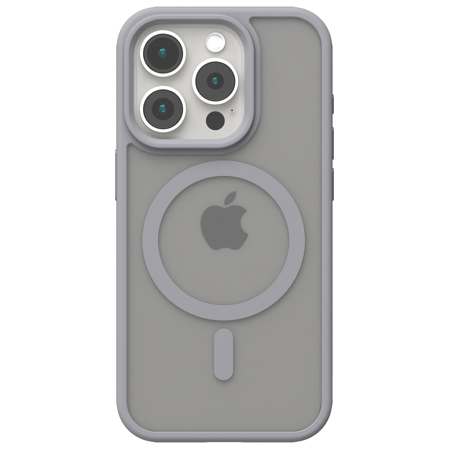 Casing MagSafe Hybrid Matte Āsenaru, dilengkapi bumper TPU hitam matte dan bagian belakang abu-abu tembus pandang, dirancang untuk daya tahan dan perlindungan perangkat sepenuhnya, kompatibel dengan aksesori MagSafe.