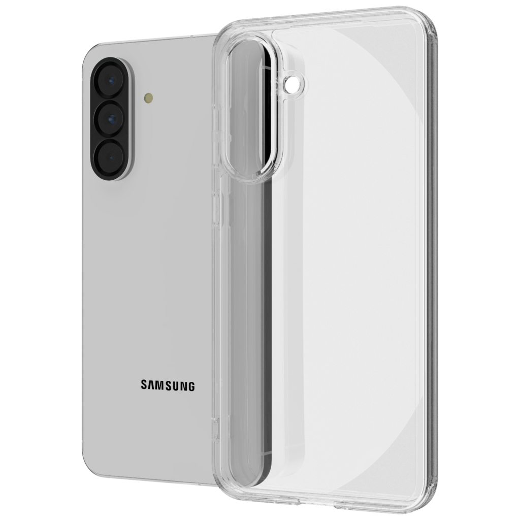 The Āsenaru Lite Hybrid Case, a slim 1.3mm Galaxy A56 case with transparent TPU bumpers and a rigid polycarbonate back, showcasing full protection.