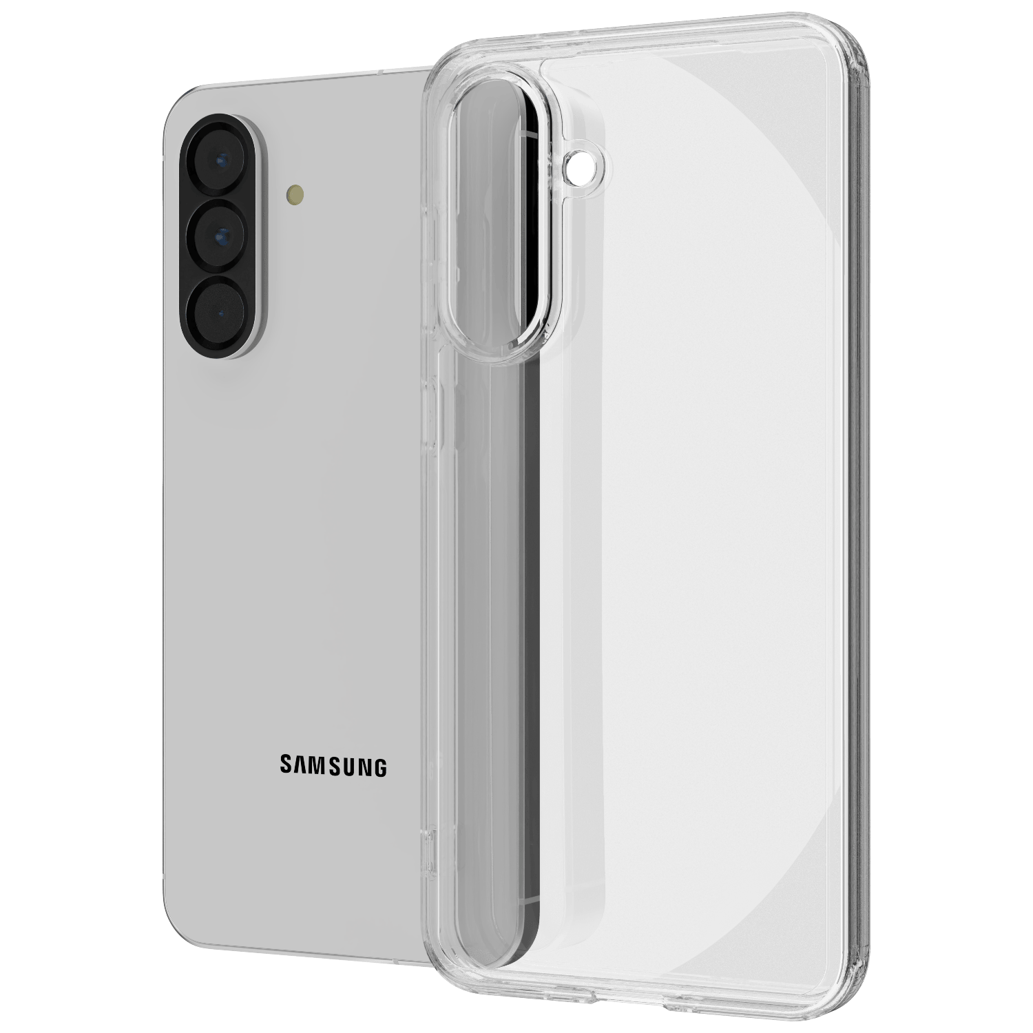 The Āsenaru Lite Hybrid Case, a slim 1.3mm Galaxy A56 case with transparent TPU bumpers and a rigid polycarbonate back, showcasing full protection.