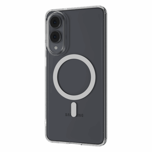The Āsenaru Lite Hybrid Magsafe Case, a slim 1.3mm Galaxy S25 case with transparent TPU bumpers and a rigid polycarbonate back, showcasing full protection and MagSafe compatibility.