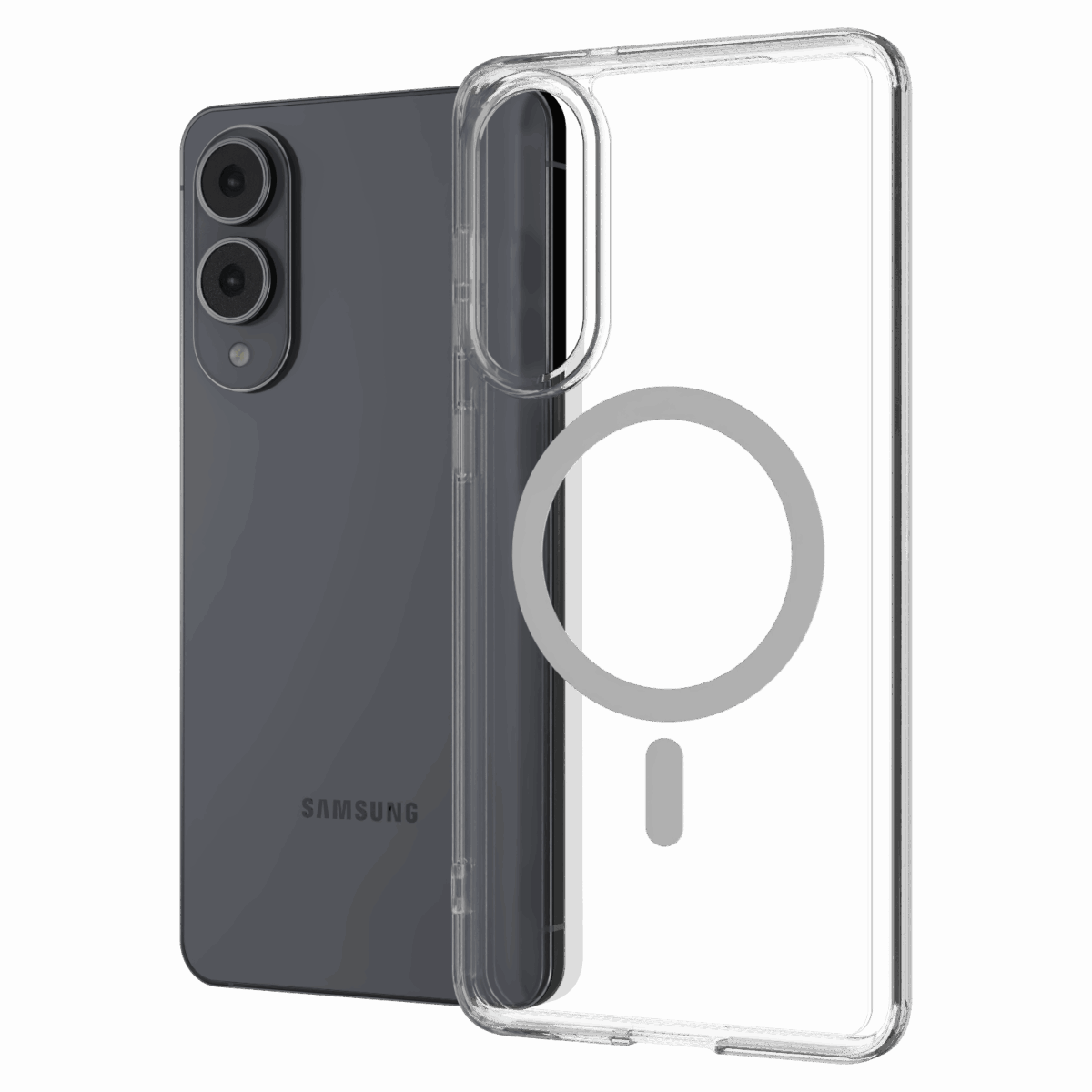 The Āsenaru Lite Hybrid Magsafe Case, a slim 1.3mm Galaxy S25 case with transparent TPU bumpers and a rigid polycarbonate back, showcasing full protection and MagSafe compatibility.