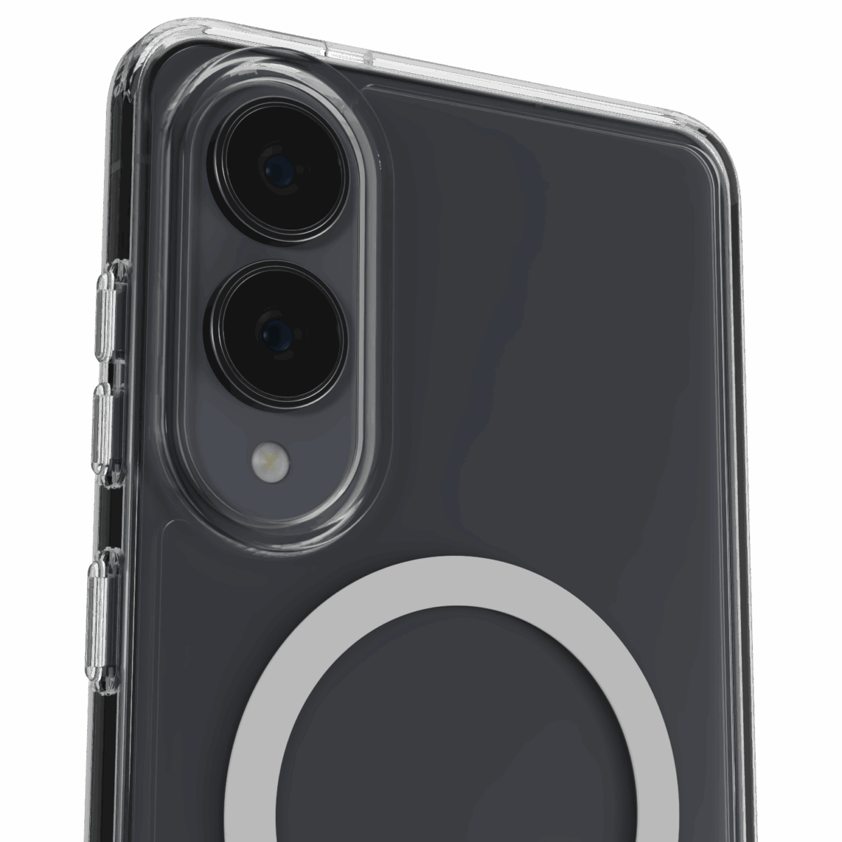 The Āsenaru Lite Hybrid Magsafe Case, a slim 1.3mm Galaxy S25 case with transparent TPU bumpers and a rigid polycarbonate back, showcasing full protection and MagSafe compatibility.