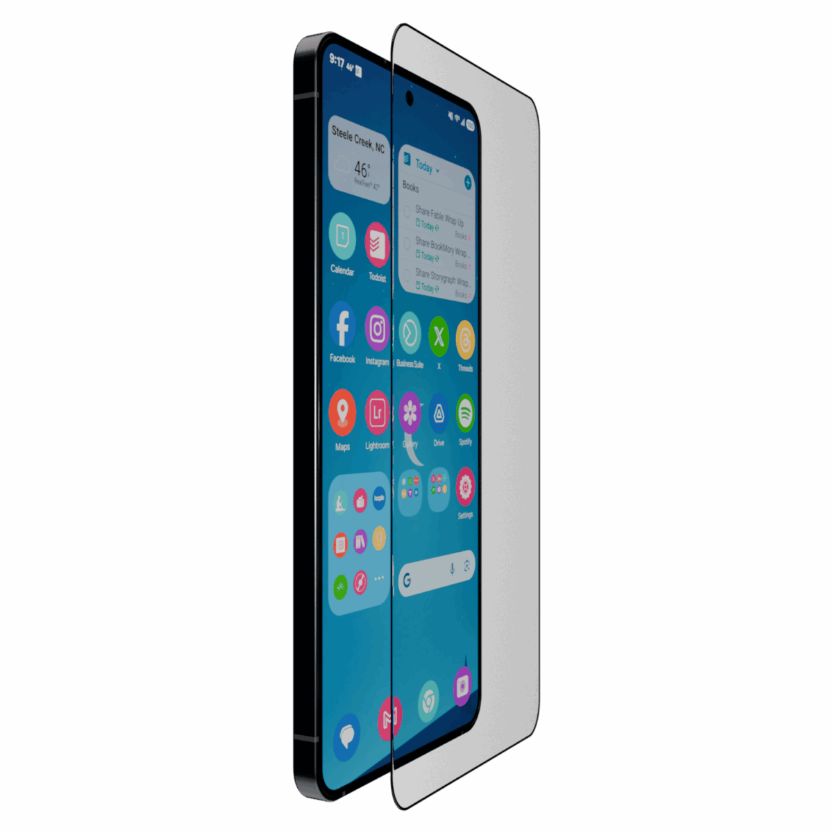 Image of Āsenaru DustShield Tempered Glass, a 0.4mm full-coverage screen protector for Galaxy S25, featuring 9H hardness and a steel mesh overlay for enhanced dust and scratch protection and installation kit for easy application.