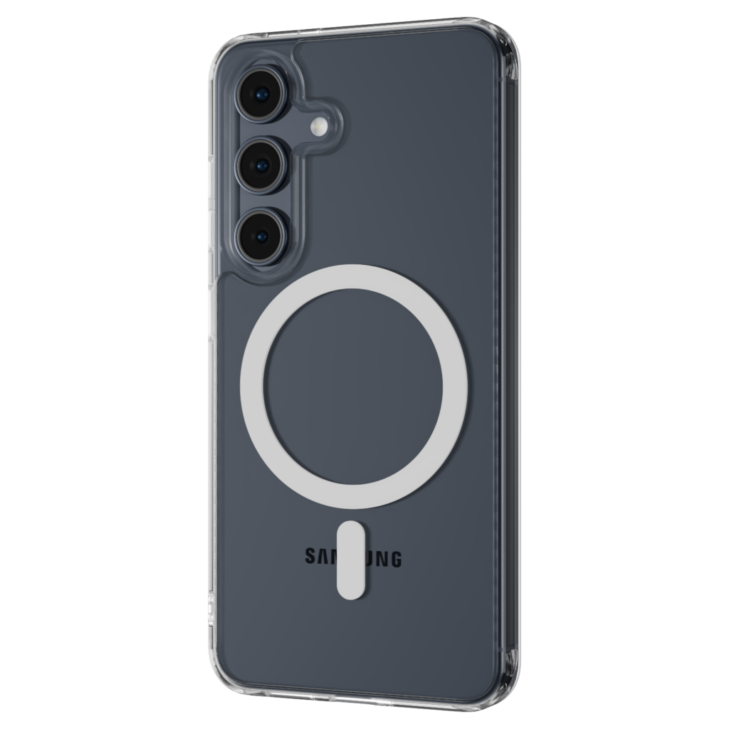 The Āsenaru Lite Hybrid Magsafe Case, a slim 1.3mm Galaxy S25 case with transparent TPU bumpers and a rigid polycarbonate back, showcasing full protection and MagSafe compatibility.