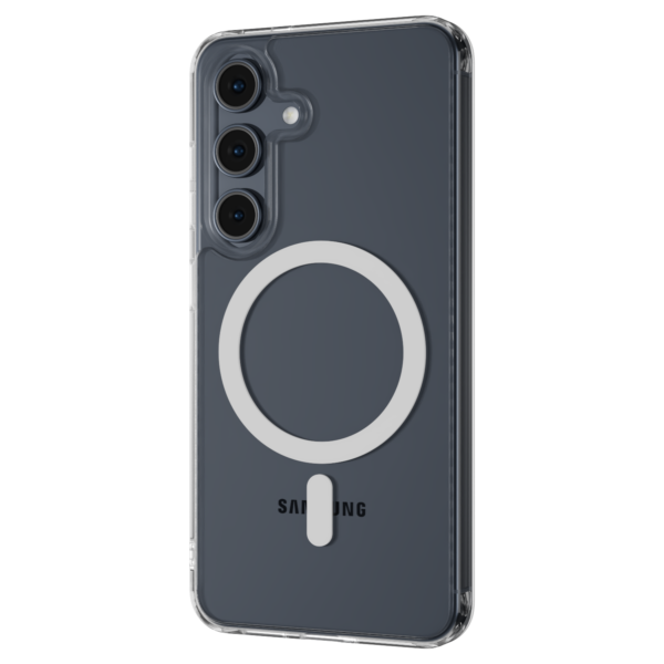 The Āsenaru Lite Hybrid Magsafe Case, a slim 1.3mm Galaxy S25 case with transparent TPU bumpers and a rigid polycarbonate back, showcasing full protection and MagSafe compatibility.