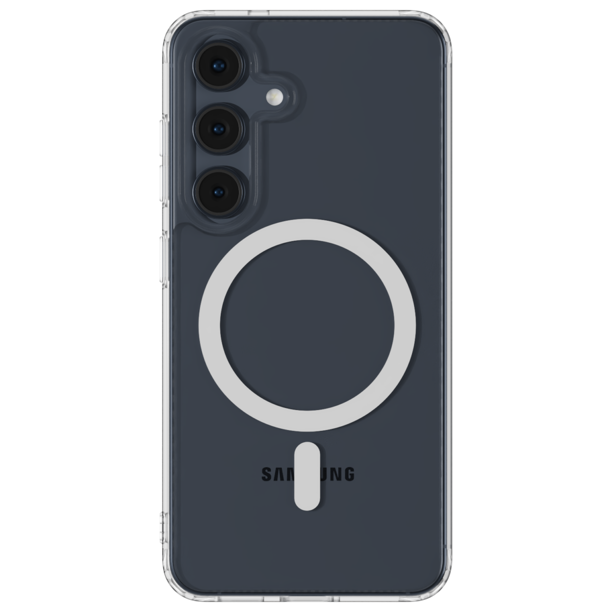 The Āsenaru Lite Hybrid Magsafe Case, a slim 1.3mm Galaxy S25 case with transparent TPU bumpers and a rigid polycarbonate back, showcasing full protection and MagSafe compatibility.