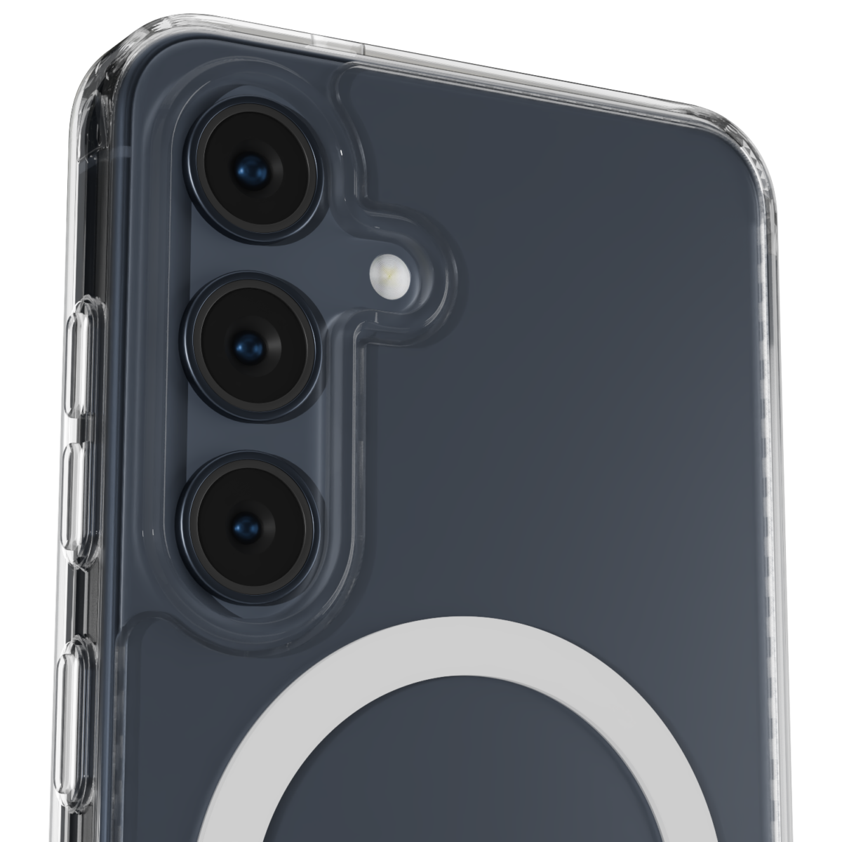 The Āsenaru Lite Hybrid Magsafe Case, a slim 1.3mm Galaxy S25 case with transparent TPU bumpers and a rigid polycarbonate back, showcasing full protection and MagSafe compatibility.