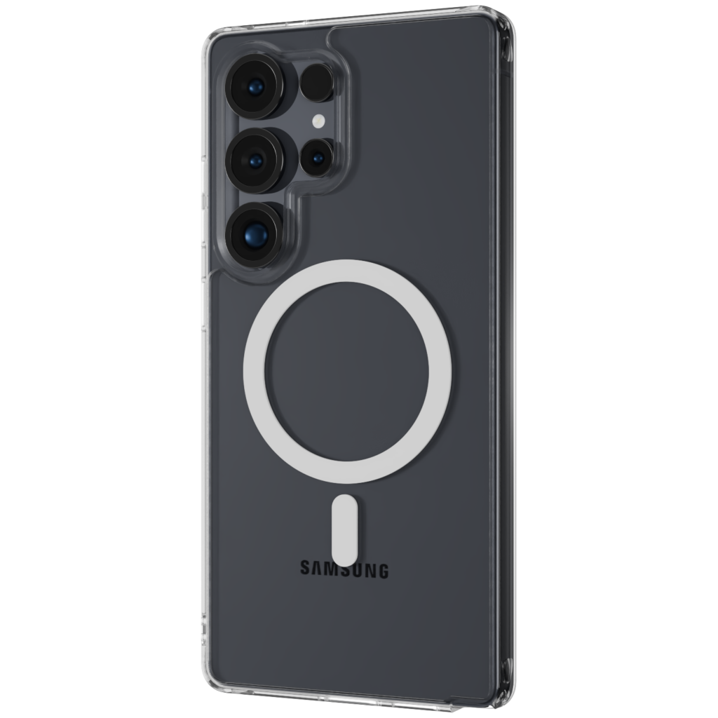 The Āsenaru Lite Hybrid Magsafe Case, a slim 1.3mm Galaxy S25 case with transparent TPU bumpers and a rigid polycarbonate back, showcasing full protection and MagSafe compatibility.