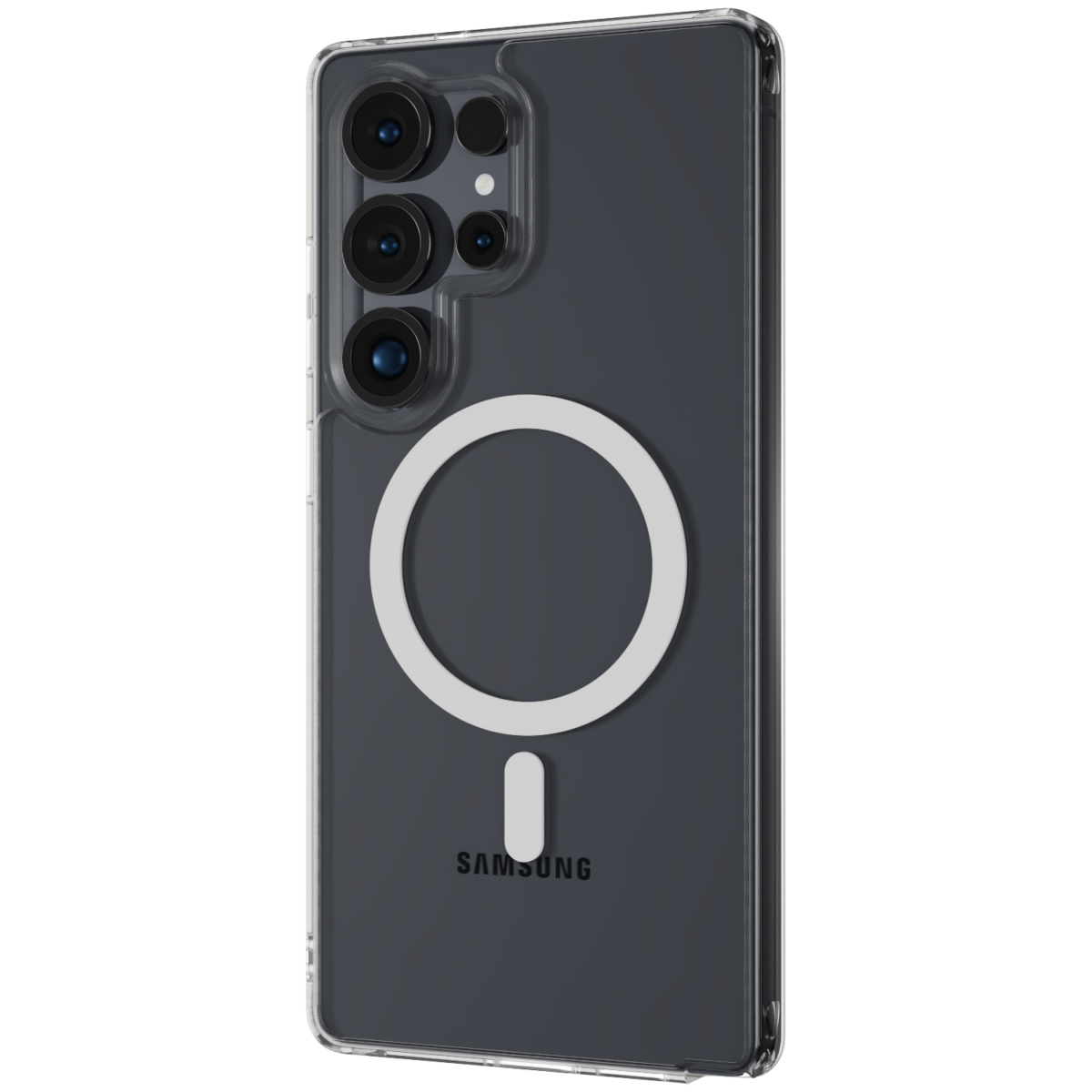 The Āsenaru Lite Hybrid Magsafe Case, a slim 1.3mm Galaxy S25 case with transparent TPU bumpers and a rigid polycarbonate back, showcasing full protection and MagSafe compatibility.