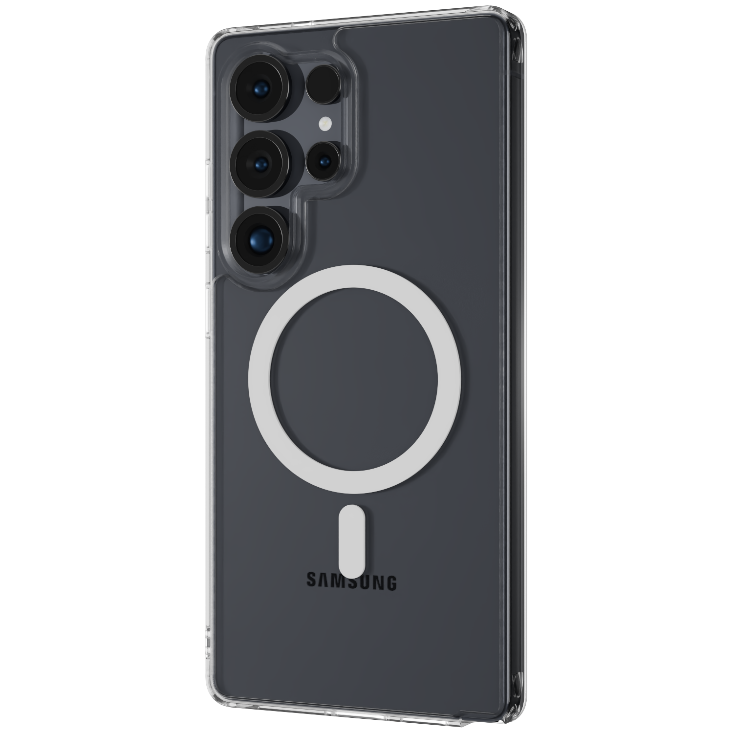 The Āsenaru Lite Hybrid Magsafe Case, a slim 1.3mm Galaxy S25 case with transparent TPU bumpers and a rigid polycarbonate back, showcasing full protection and MagSafe compatibility.