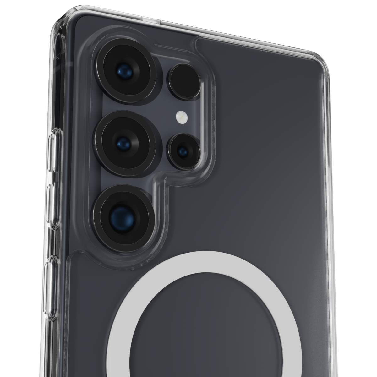 The Āsenaru Lite Hybrid Magsafe Case, a slim 1.3mm Galaxy S25 case with transparent TPU bumpers and a rigid polycarbonate back, showcasing full protection and MagSafe compatibility.