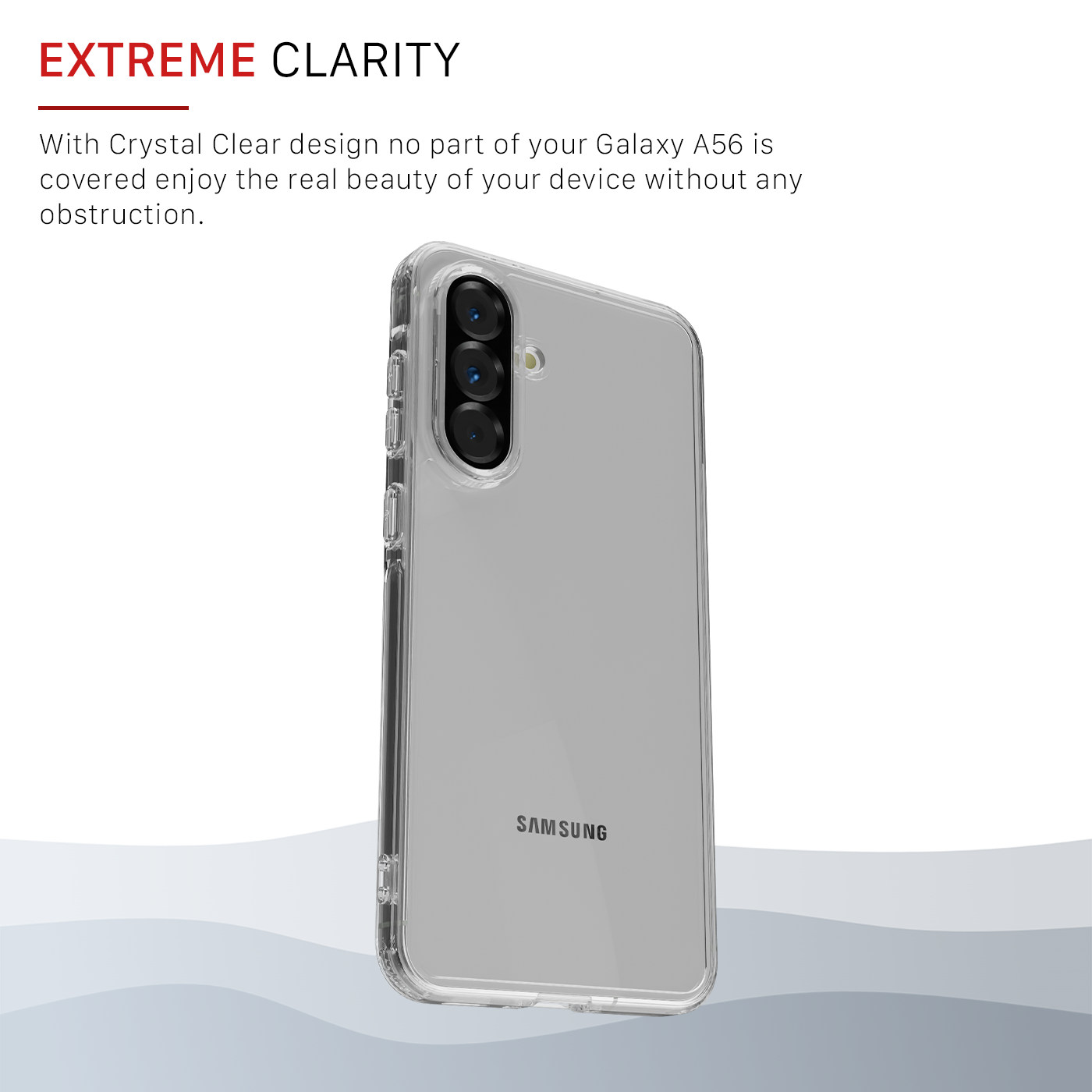 The Āsenaru Lite Hybrid Case, a slim 1.3mm Galaxy A56 case with transparent TPU bumpers and a rigid polycarbonate back, showcasing full protection.