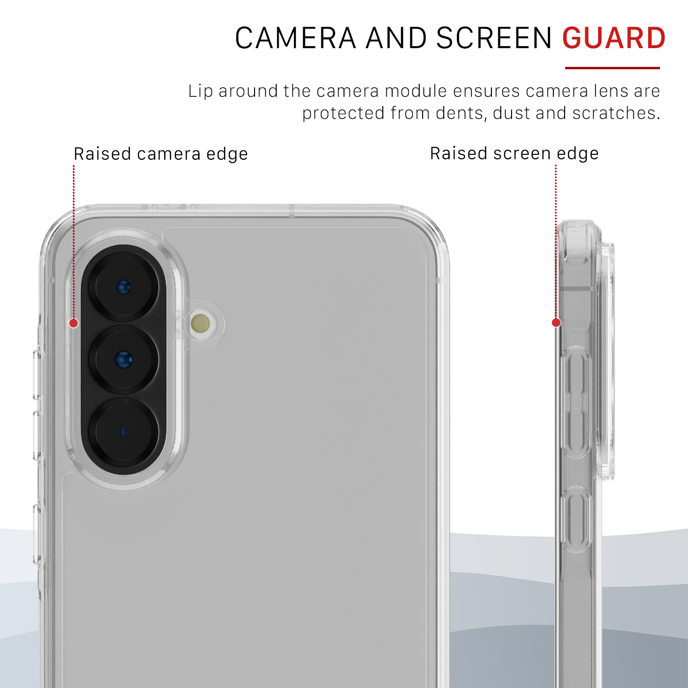 The Āsenaru Lite Hybrid Case, a slim 1.3mm Galaxy A56 case with transparent TPU bumpers and a rigid polycarbonate back, showcasing full protection.