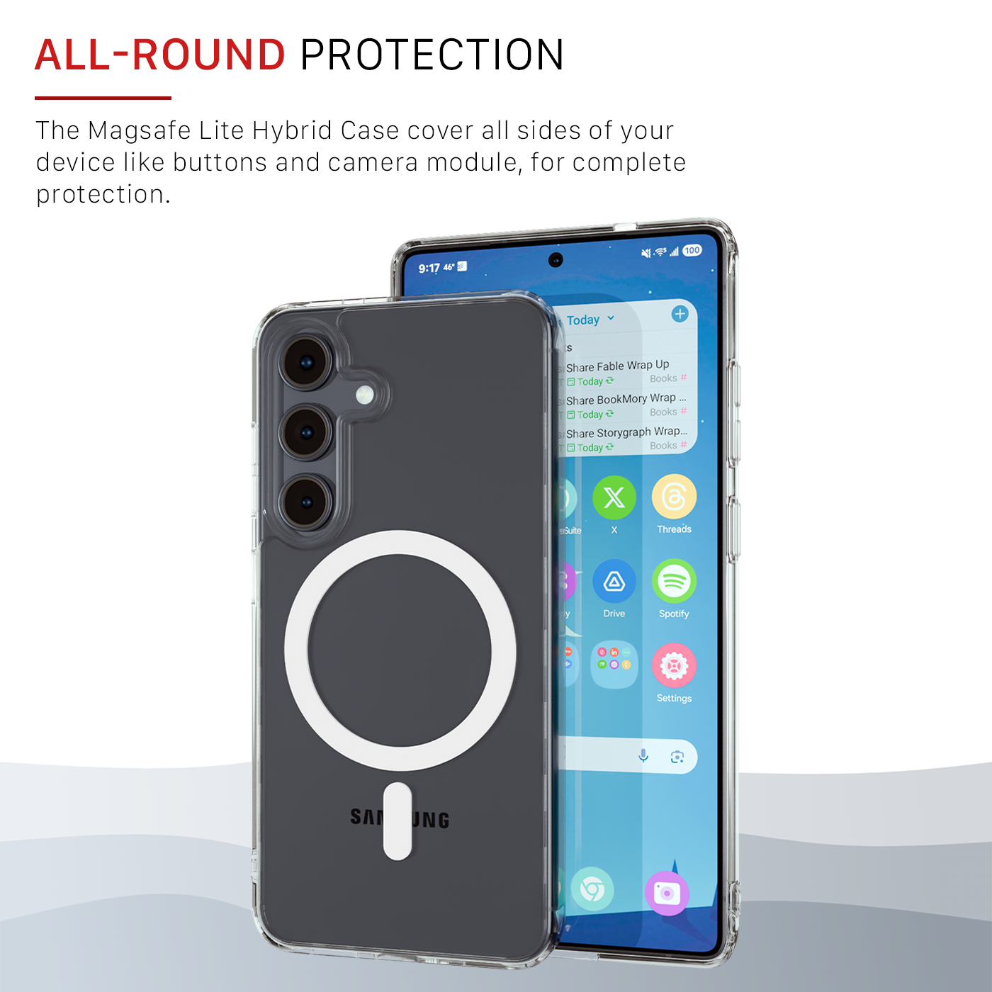 The Āsenaru Lite Hybrid Magsafe Case, a slim 1.3mm Galaxy S25 case with transparent TPU bumpers and a rigid polycarbonate back, showcasing full protection and MagSafe compatibility.