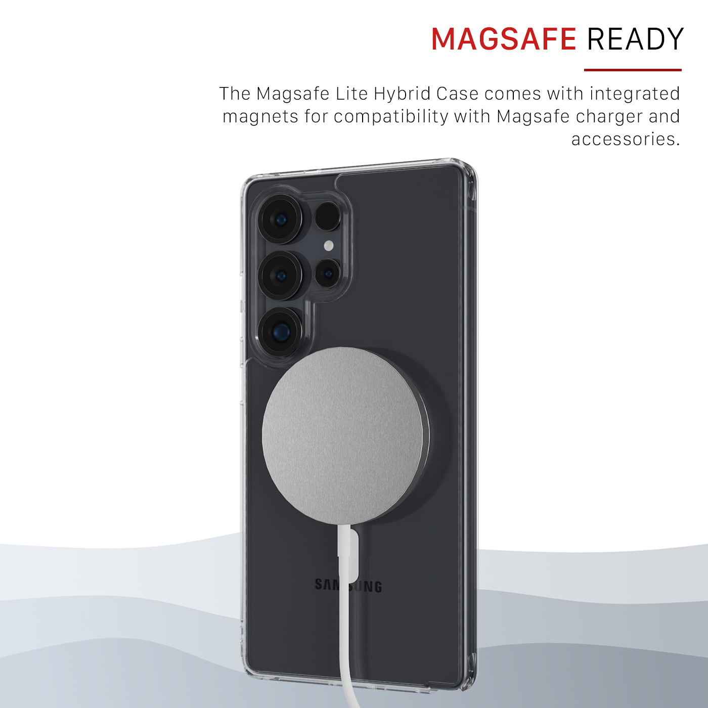 The Āsenaru Lite Hybrid Magsafe Case, a slim 1.3mm Galaxy S25 case with transparent TPU bumpers and a rigid polycarbonate back, showcasing full protection and MagSafe compatibility.