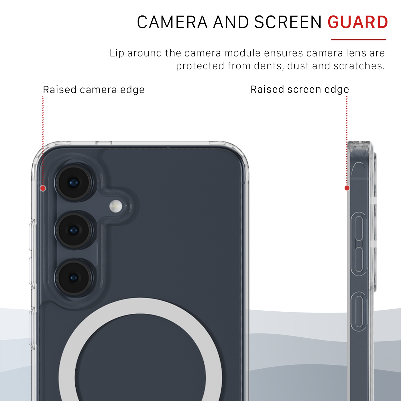 The Āsenaru Lite Hybrid Magsafe Case, a slim 1.3mm Galaxy S25 case with transparent TPU bumpers and a rigid polycarbonate back, showcasing full protection and MagSafe compatibility.