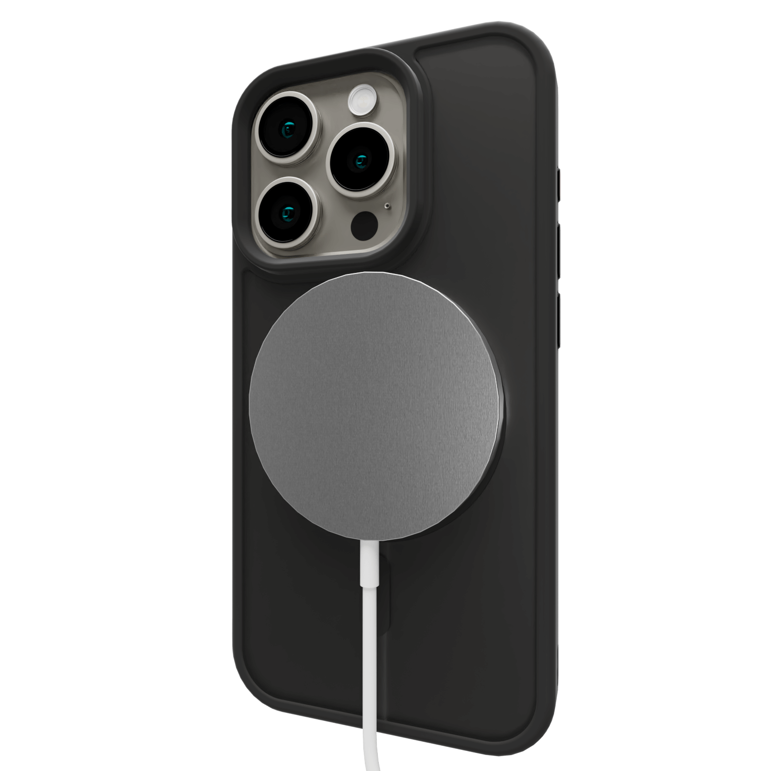 The Āsenaru Matte Hybrid MagSafe Case, featuring matte black TPU bumpers and a translucent gray back, designed for durability and full device protection, compatible with MagSafe accessories.