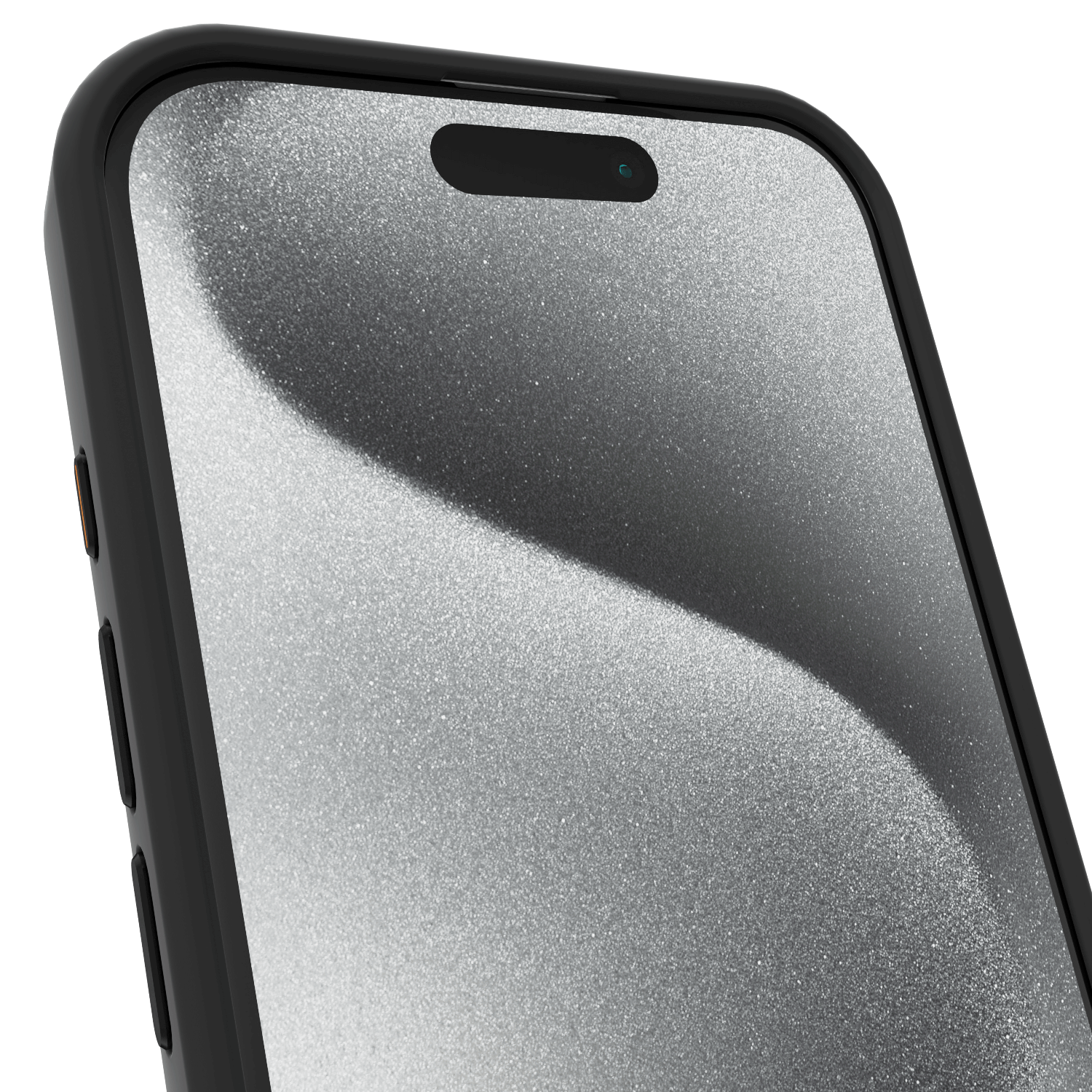 Photo of the Āsenaru Matte Hybrid MagSafe Case, featuring matte black TPU bumpers and a translucent gray back, designed for durability and full device protection, compatible with MagSafe accessories.